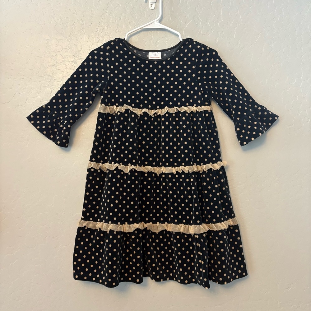 Hanna Andersson black cream ruffle dot twirl velour dress 130 CM US 8